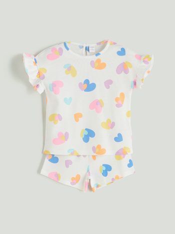 Ecru Heart Printed Girl's Blouse and Shorts Set of 2