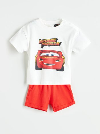 Light Cream Short Sleeve Car Printed T-Shirt and Shorts Set for Boys