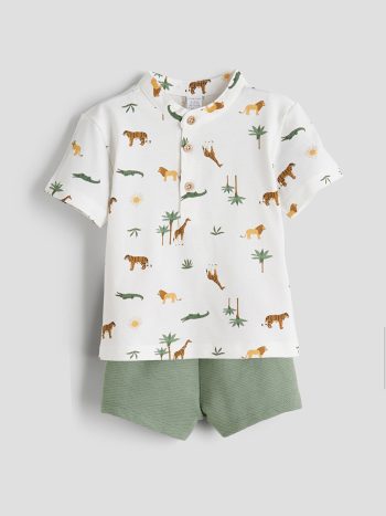 LCW Baby  Ecru Mandarin Collar Baby Boy T-Shirt and Shorts Set (2 Pieces)