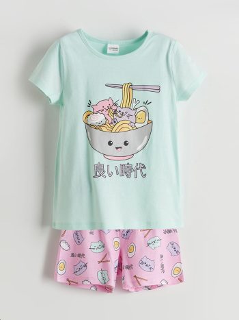 LCW Kids Turquoise Printed Girl's Shorts Pajama Set