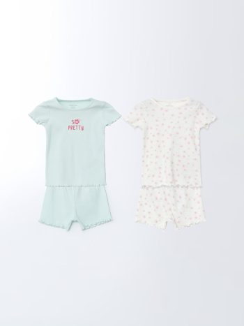 LCW Baby Green Floral Print Short Sleeve Pajama Set for Girls (2 Pieces)