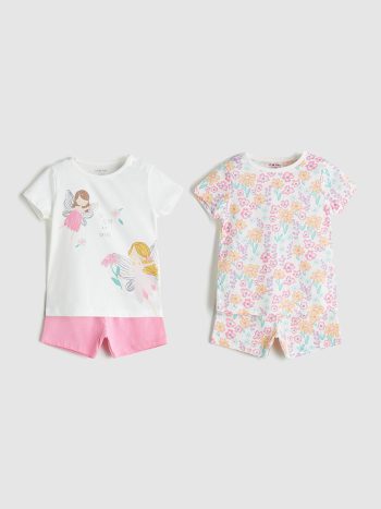 LCW Baby  Off-White Short Sleeve Round Neck Girl's Pajama Set with Shorts - 2 Pieces