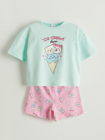LCW Kids Blue Printed Girls' Pajama Set with Shorts
