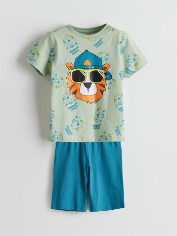 LCW Kids Green Printed Cotton Boys' Pajama Set with Shorts