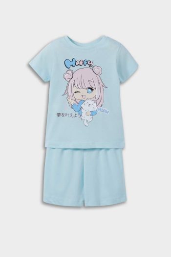 Girls' Baby Pajama Set with Anime Print, Short Sleeve Cotton Top, and Elastic Waist Shorts