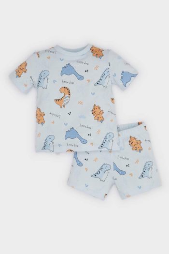 Boys' Dinosaur Printed Short Sleeve Pajama Set with Elastic Waist Shorts