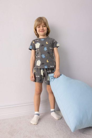 Boys' Pajama Set with Patterned Short Sleeve Jersey Top and Elastic Waist Shorts