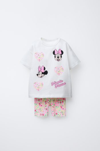 Girls' Cotton White Minnie Mouse Patterned Set - Heart & Flower Shorts