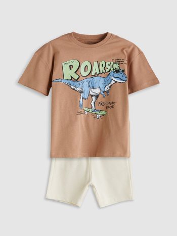 LCW Kids Brown Dinosaur Printed Boys T-Shirt and Shorts Set 2-Piece