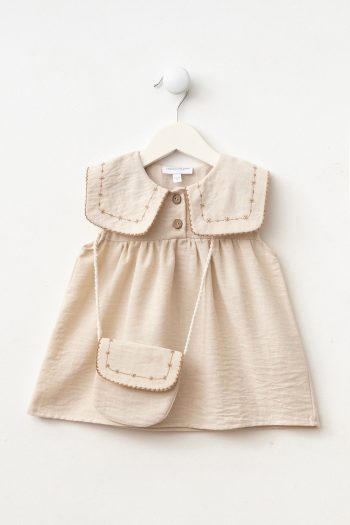 Embroidered Collar Linen Dress with Bag for Baby Girl