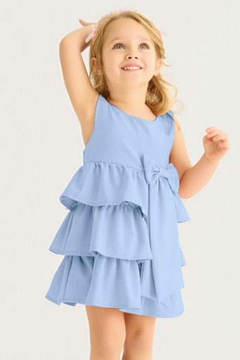 Zepkids Baby Blue Ruffled Skirt Dress with Ribbon Detail and Bicycle Collar for Girls