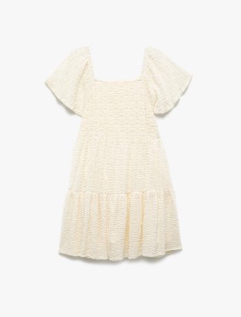 Girls' Short-Sleeve Crew Neck Dress with Ruffle Detail and Pleats