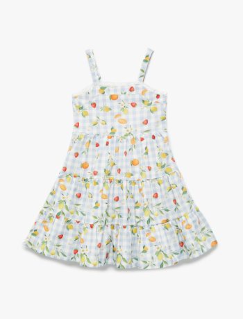 Girls' Cotton Poplin Dress with Lace Details and Fruit Print, Loose Fit, Layered, Thin Straps