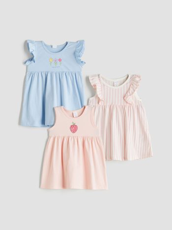 LCW Baby  Ecru Round Neck Sleeveless Printed Baby Girl Dress - Set of 3