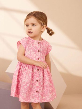 Cotton Pink Flower Patterned Button Dress for Girls