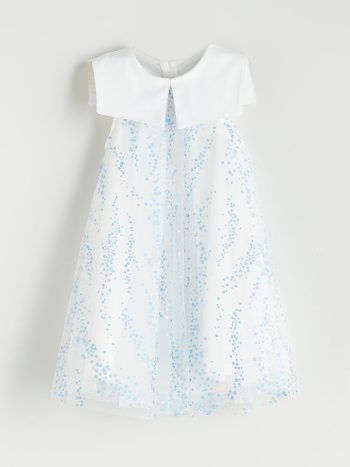LCW Kids                                                                                              Ecru Peter Pan Collar Printed Tulle Dress for Girls