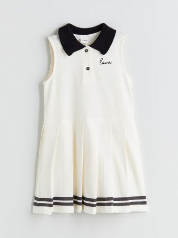 LCW Kids                                                                                        Off-White Polo Collar Embroidered Dress for Girls