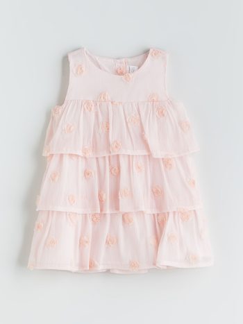 LCW Kids Pink Ruffled Dress with Round Neck for Girls