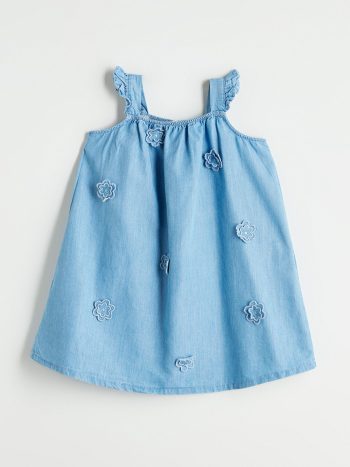 LCW Kids Indigo Blue Collar Floral Denim Dress for Girls