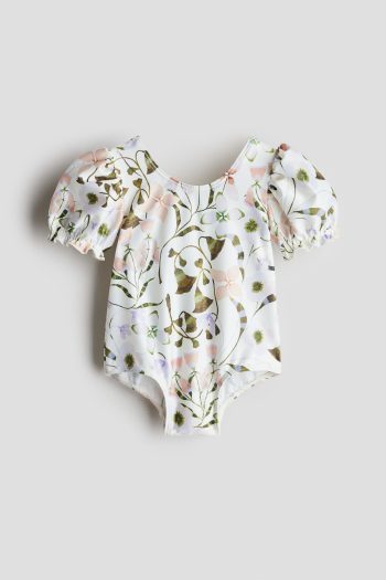 Puffy Sleeve and Printed Swimsuit