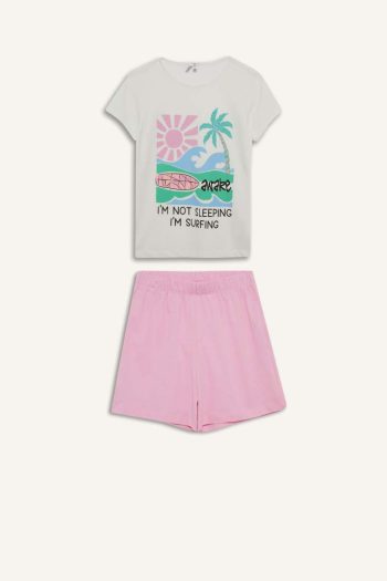 Girls' Pajama Set with Printed Short Sleeves and Elastic Waist Shorts