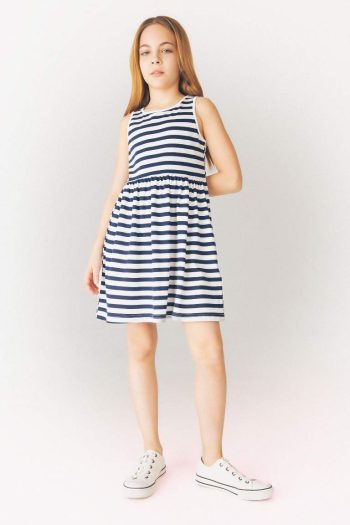 Girl's Striped Sleeveless Dress with Bike Neckline