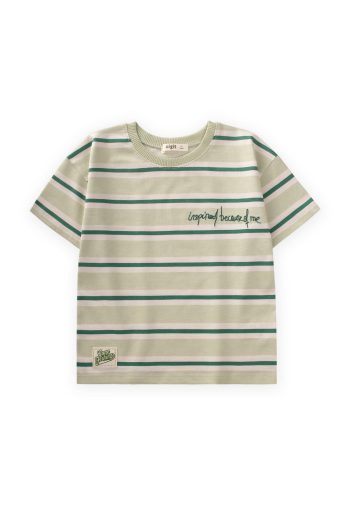 Wide Striped Embroidered T-Shirt 2-10 Years Mint Khaki Striped