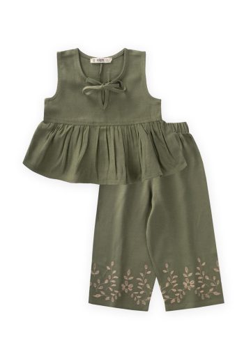 Embroidered Linen Set for Ages 2-7 in Olive Green