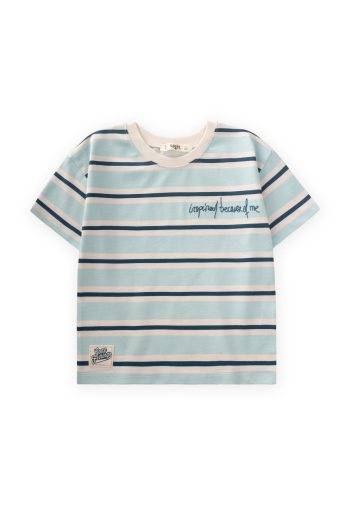 Wide Striped Embroidered T-Shirt 2-10 Years Turquoise Navy Striped