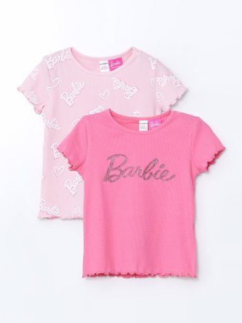 LCW Kids Pink Barbie Printed Ruffled Cotton T-Shirt Set for Girls (2 pieces)