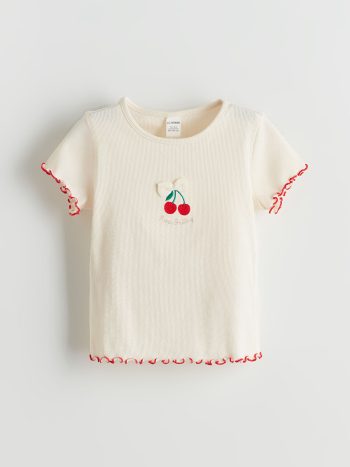 LCW Kids                                                                                       Cream Round Neck Embroidered Girls' T-Shirt