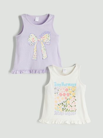 LCW Kids                                                                                       Ecru Floral Print Girl's Crew Neck Tank Top 2-Pack