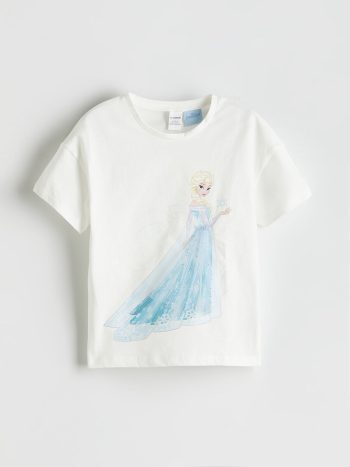 LCW Kids                                            Cream Round Collar Elsa Printed Girls' T-Shirt