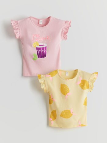 LCW Baby Pink Printed Round Neck T-Shirt for Girls - 2 Pack