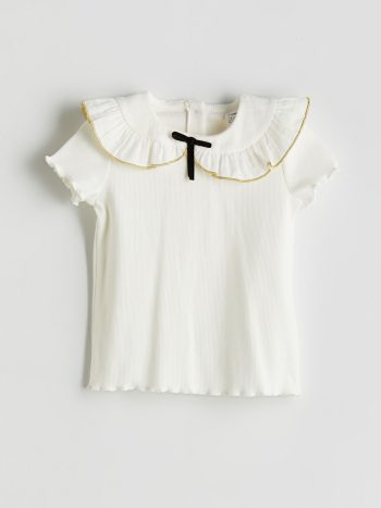 LCW Kids - Ecru Ribbon Detail Ribbed T-Shirt for Girls