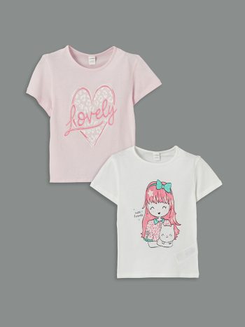 LCW Kids White Crew Neck Printed Girls T-Shirt Set of 2