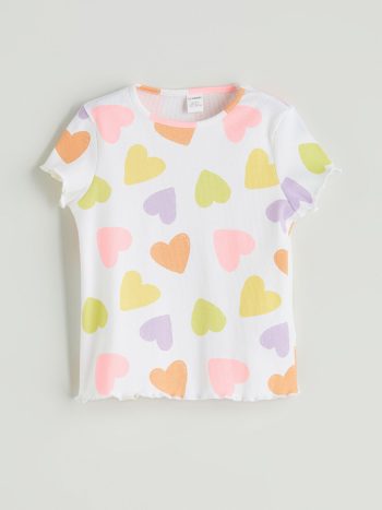 LCW Kids  Off-White Heart Printed Ruffled Cotton Girl's T-Shirt