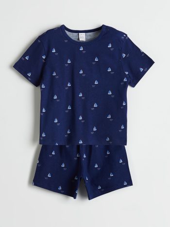 LCW Baby Navy Printed Baby Boy T-Shirt and Shorts Set (2 Pieces)
