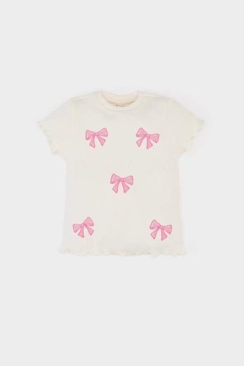 Girl's Bicycle Collar Short Sleeve Ribbed T-Shirt with Ribbon Print