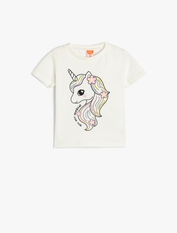 Girls' Unicorn Printed Long Sleeve T-Shirt with Round Neck Cotton