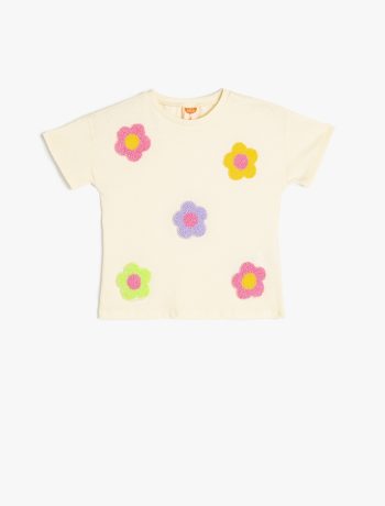 Flower Embroidered Bicycle Neck Short Sleeve Cotton T-Shirt for Baby Girls