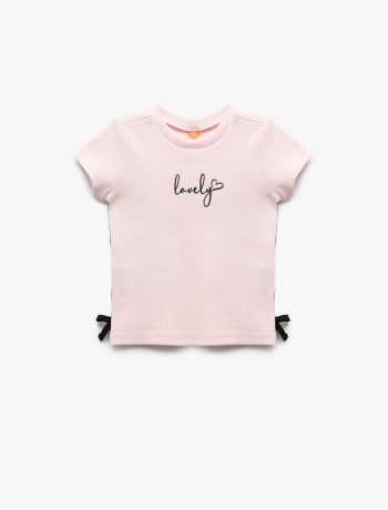 Girl's Cotton Ribbed Short Sleeve Bicycle Neck T-Shirt with Bow Detail