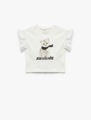 Cat Printed Ruffled Short Sleeve Cotton T-Shirt for Baby Girls