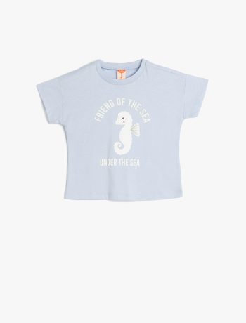 Cotton Seahorse Printed Short Sleeve T-Shirt with Crew Neck for Baby Girls