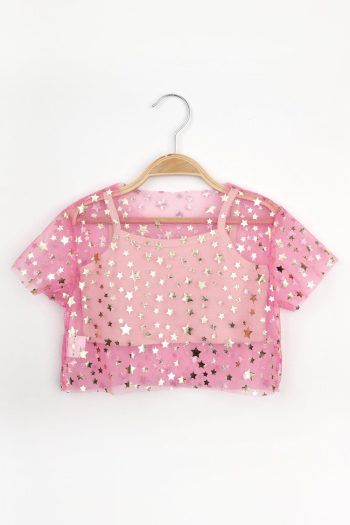 Pink Star Printed Girls' Tulle Crop