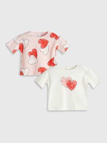 LCW Baby Bej Heart Print Girl Baby T-Shirt Set of 2