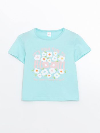 LCW Kids Turquoise Printed Round Neck Girl's T-Shirt