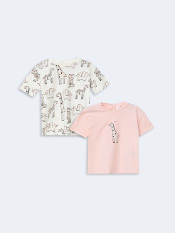 LCW Baby Pink Printed Baby Girl T-Shirt Set of 2