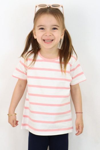 Girls' T-Shirt with Button Stripes in Ecru (Ages 1-4)