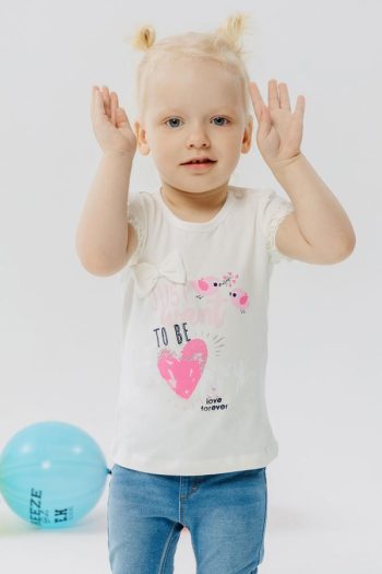 Girl's T-Shirt with Cute Bird Print and Heart in Cream (1-4 Years)